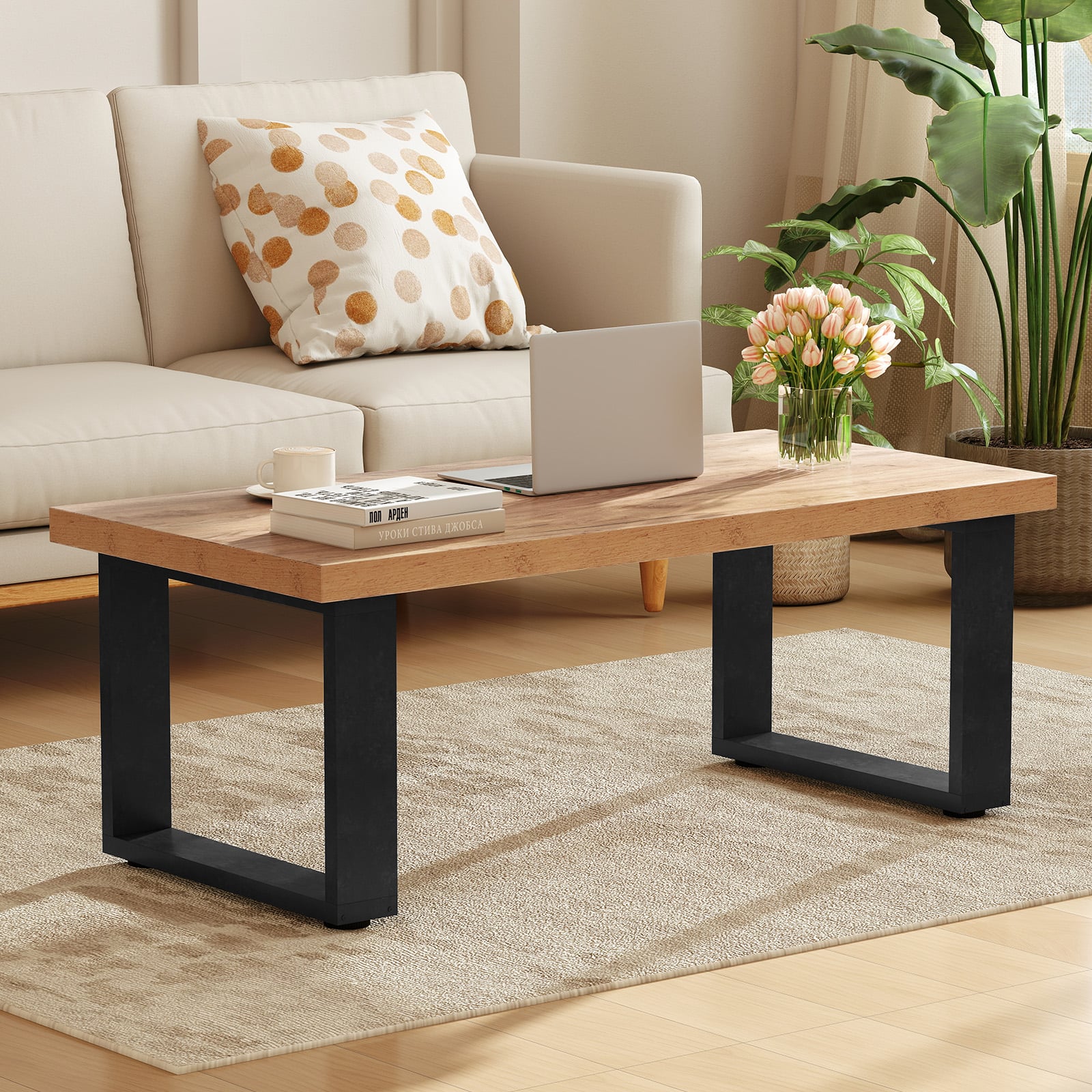 120cm Rustic Farmhouse Style Coffee Table with Thickened Tabletop-Oak