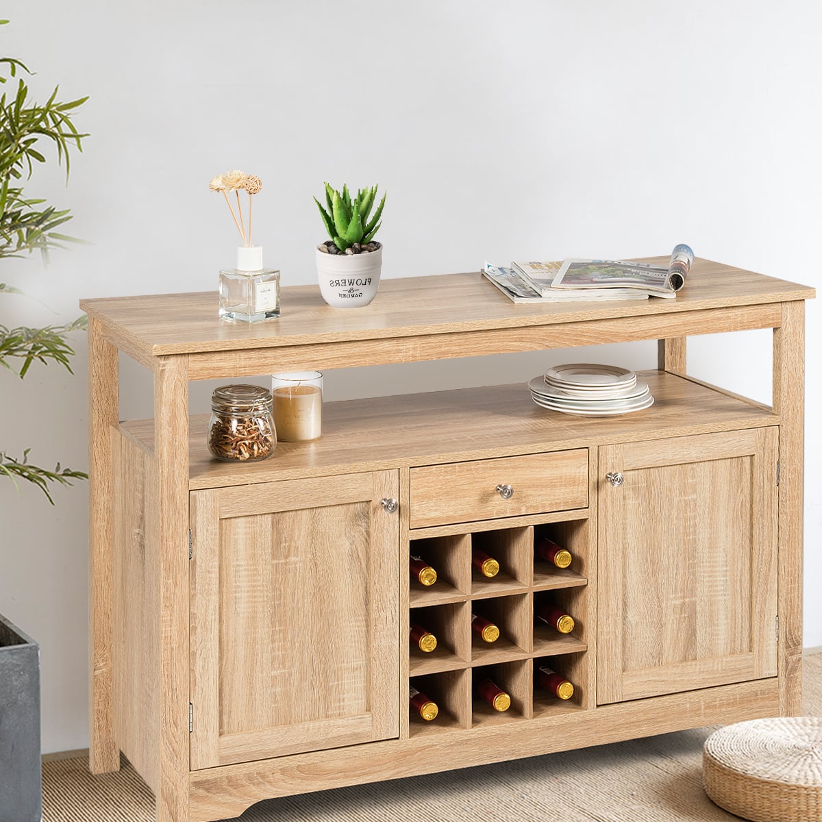 Rustic Cupboard Storage Organizer with 2 Cabinets and 1 Drawer 9-Bottle Wine Rack-Natural
