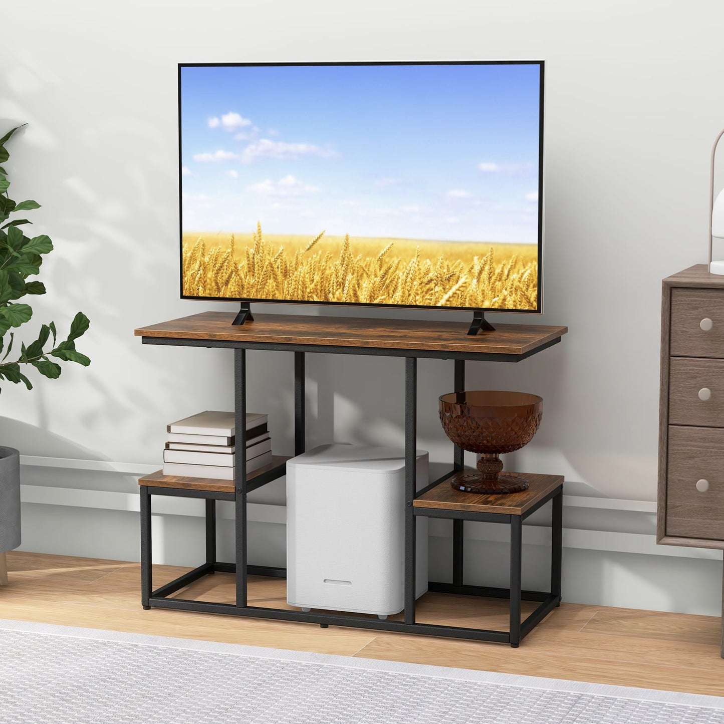 Rustic TV Console Table Industrial Sofa Table with Open Storage Shelves-Rustic Brown