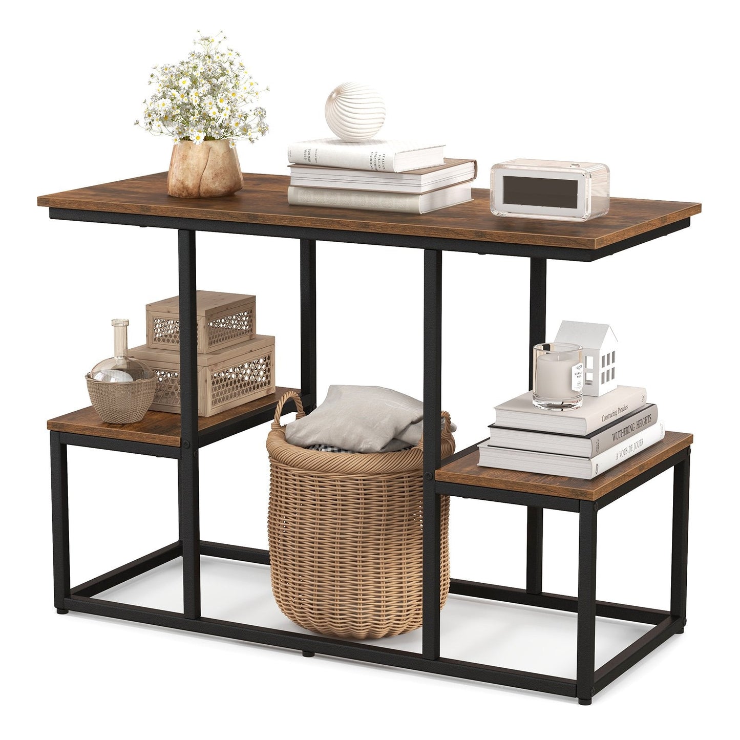 Rustic TV Console Table Industrial Sofa Table with Open Storage Shelves-Rustic Brown