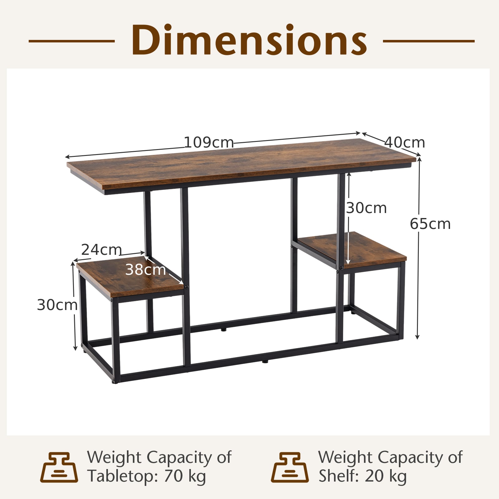 Rustic TV Console Table Industrial Sofa Table with Open Storage Shelves-Rustic Brown