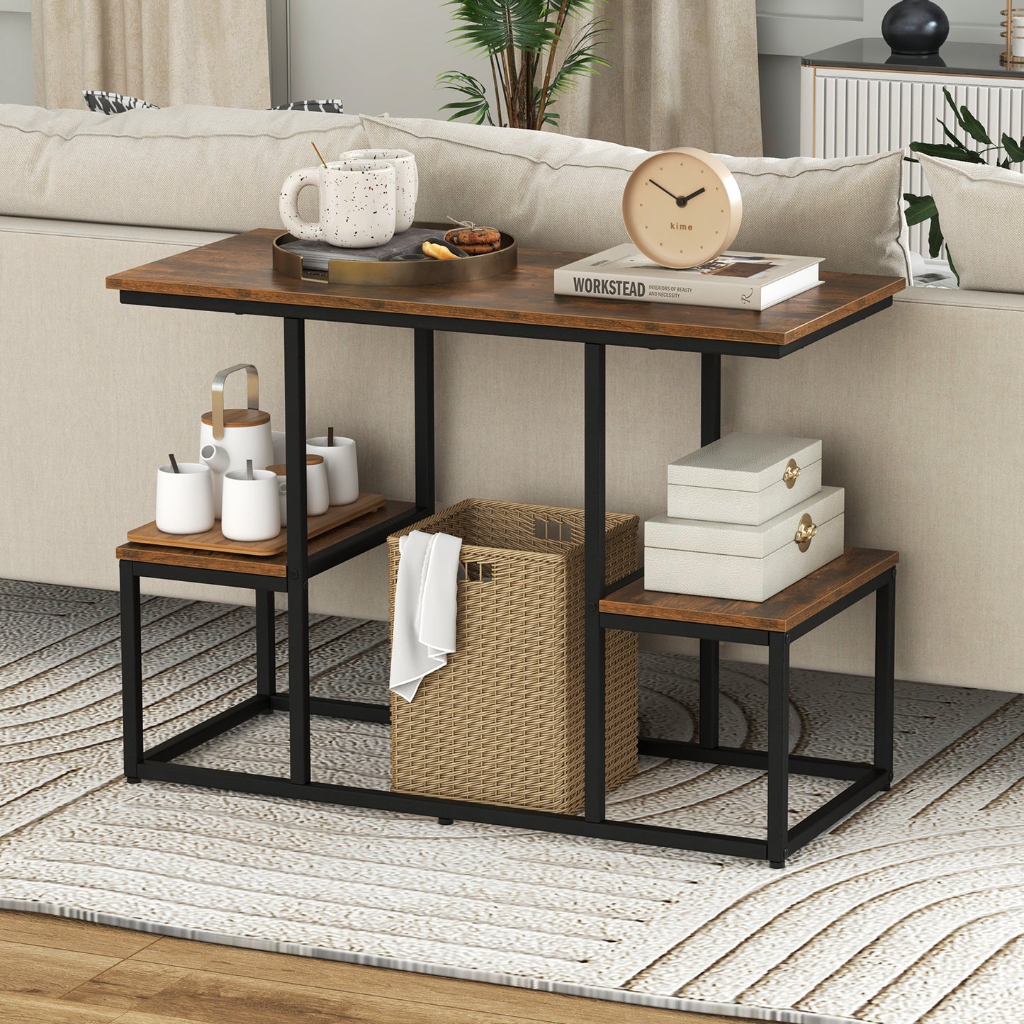 Rustic TV Console Table Industrial Sofa Table with Open Storage Shelves-Rustic Brown