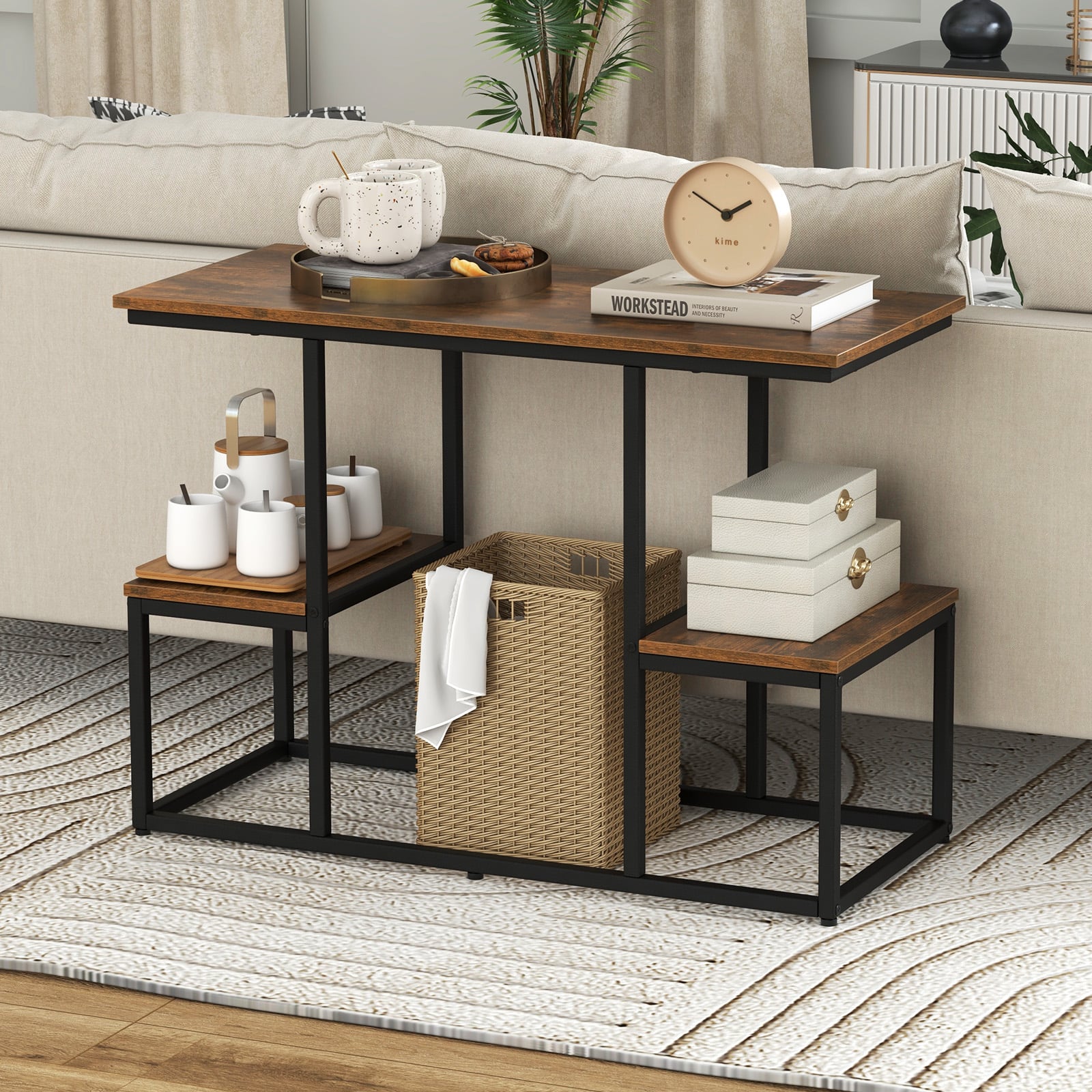 Rustic TV Console Table Industrial Sofa Table with Open Storage Shelves-Rustic Brown