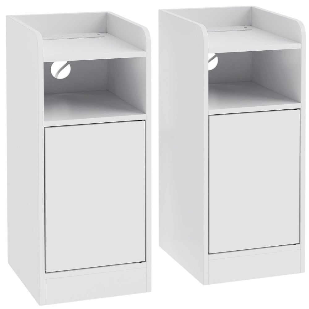 HOMCOM Slim Bedside Table Set of 2 with Charging Station, Narrow Bedside Cabinet with Adjustable Shelf, White