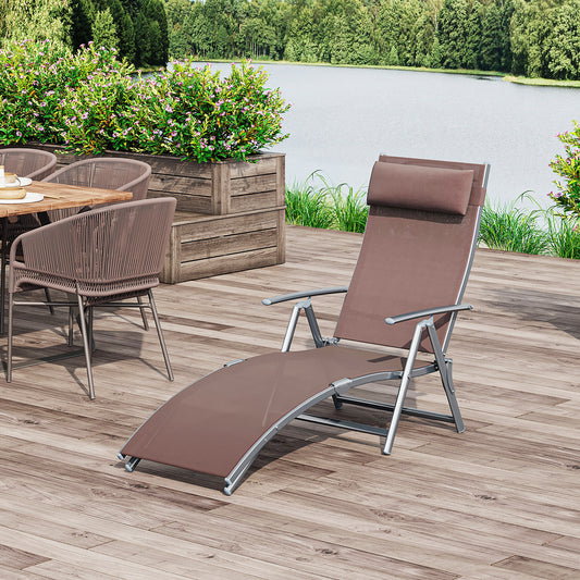 Outsunny Sun Lounger Steel Frame Outdoor Folding Chaise Texteline Lounge Chair Recliner with Headrest & 7 Levels Adjustable Backrest, Brown