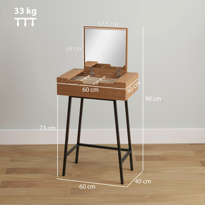 HOMCOM Vanity Desk with Flip-Up Mirror, Industrial Dressing Table with 16 Small Compartments for Bedroom, Natural Wood Effect
