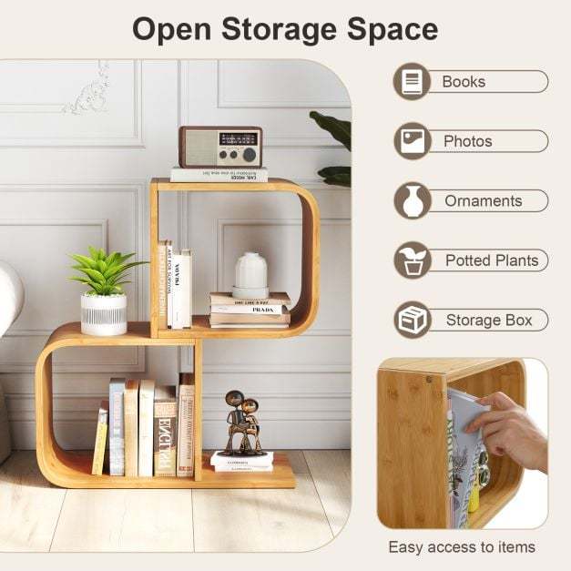 S-Shaped Bookcase Bamboo Bookshelf with 2 Open Cubes Set of 2