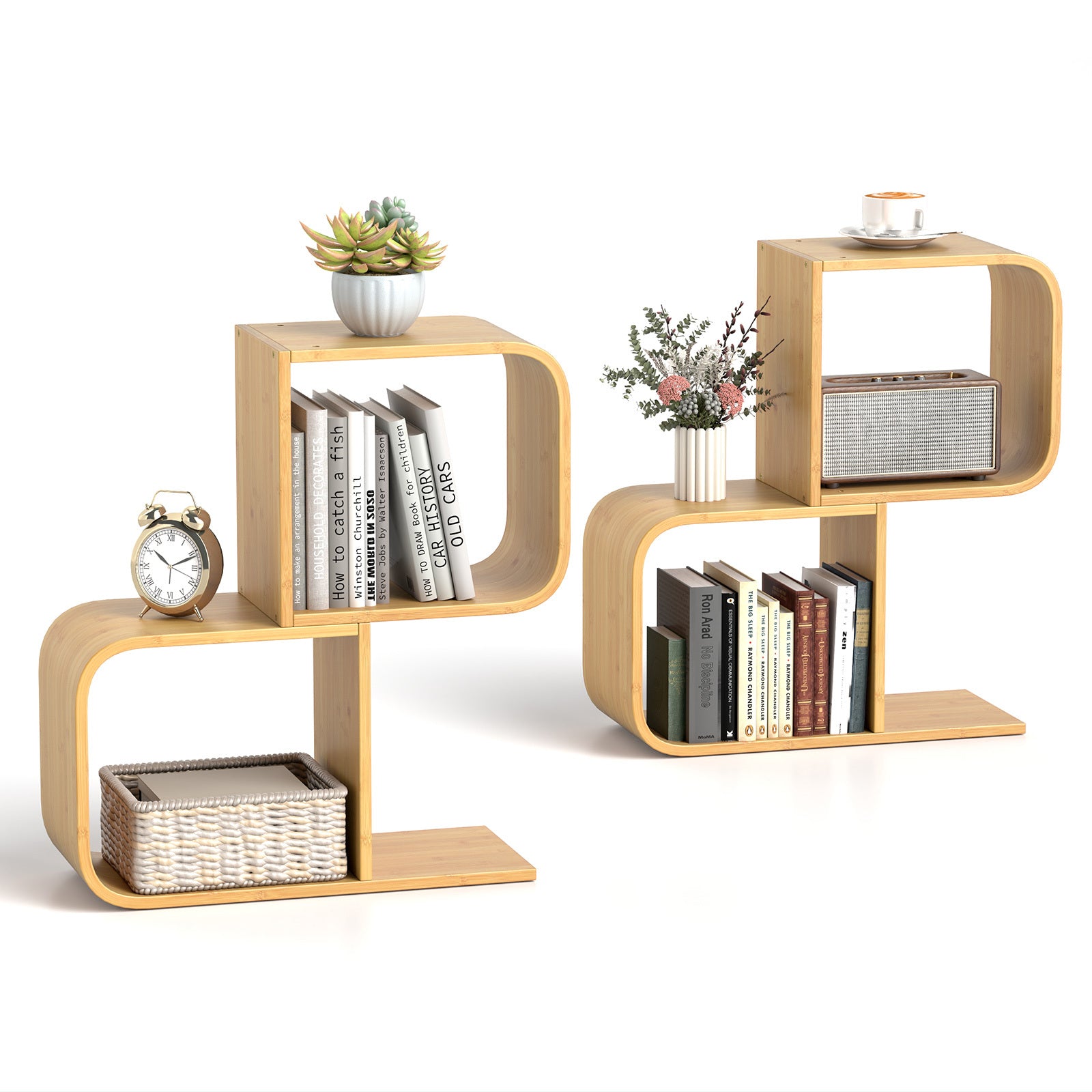 S-Shaped Bookcase Bamboo Bookshelf with 2 Open Cubes Set of 2