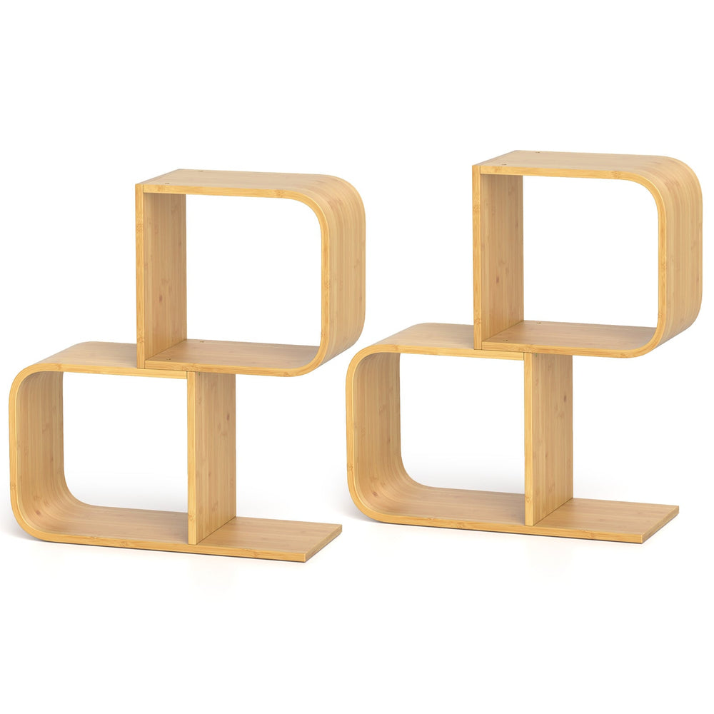 S-Shaped Bookcase Bamboo Bookshelf with 2 Open Cubes Set of 2