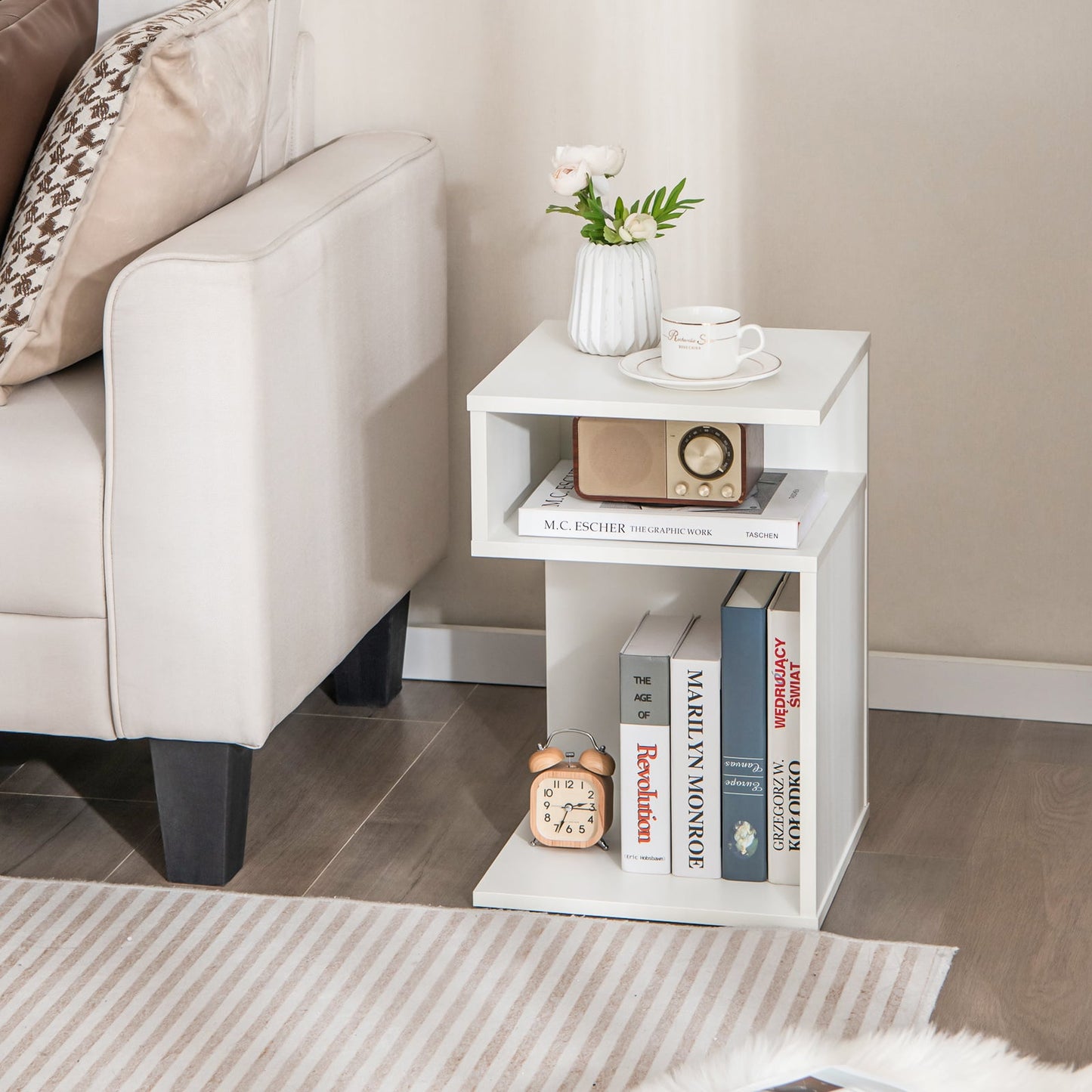 S-Shaped Side Table with 2 Open Compartments for Small Space Set of 2-White