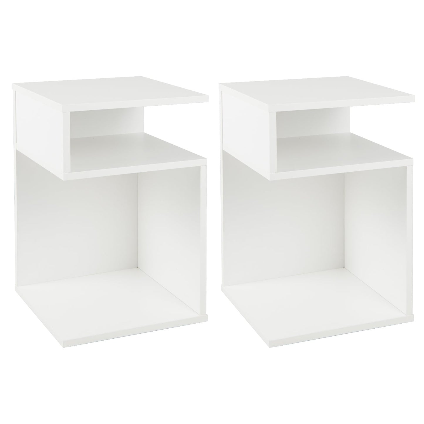S-Shaped Side Table with 2 Open Compartments for Small Space Set of 2-White