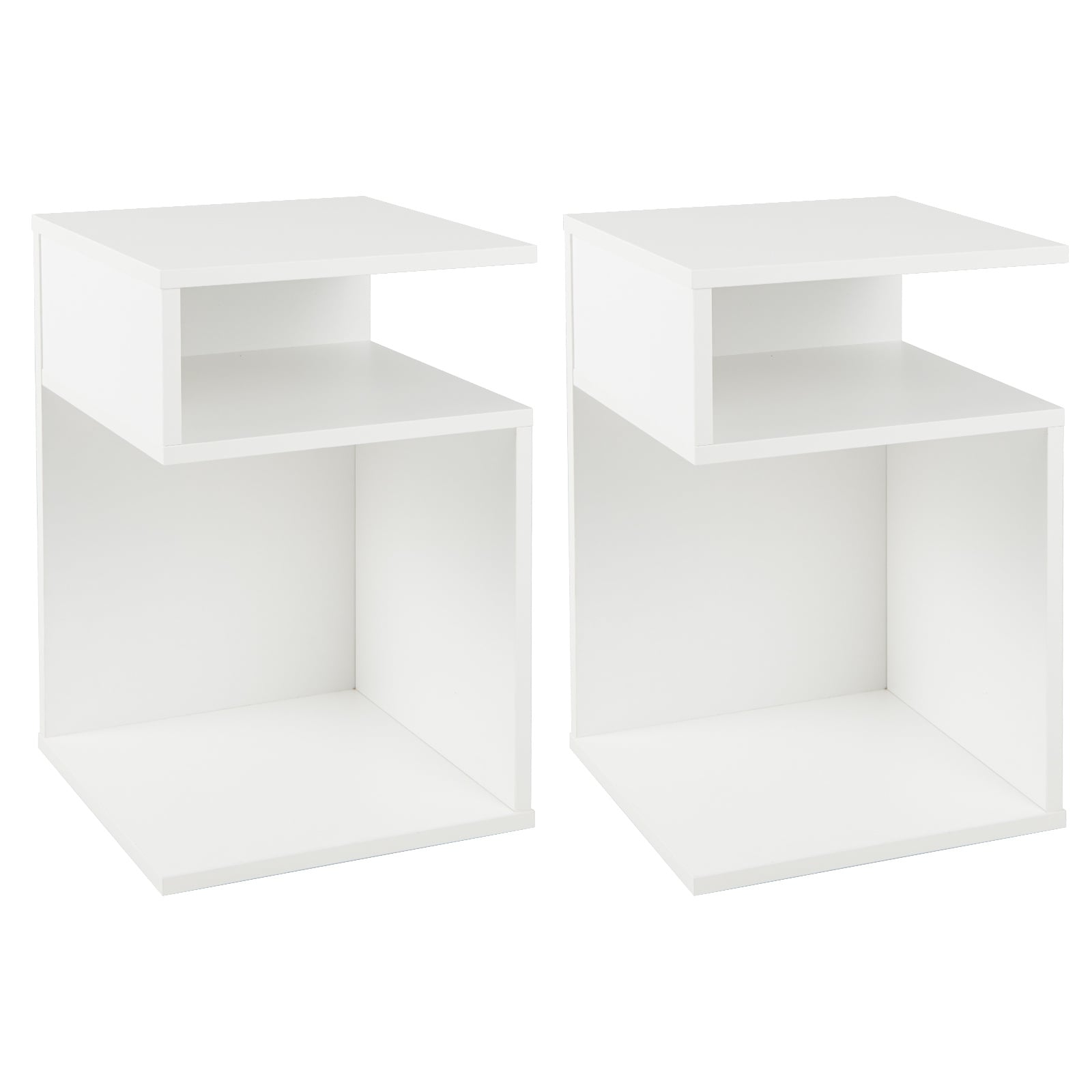 S-Shaped Side Table with 2 Open Compartments for Small Space Set of 2-White