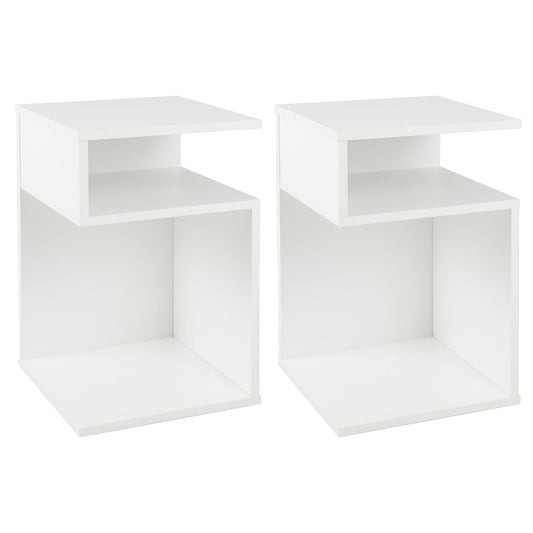 S-Shaped Side Table with 2 Open Compartments for Small Space Set of 2-White