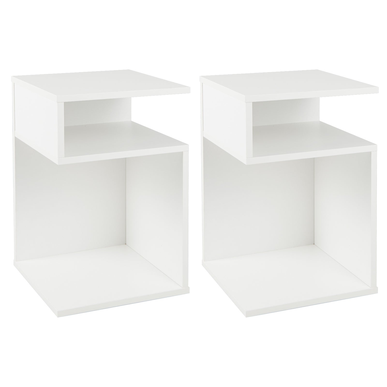 S-Shaped Side Table with 2 Open Compartments for Small Space Set of 2-White