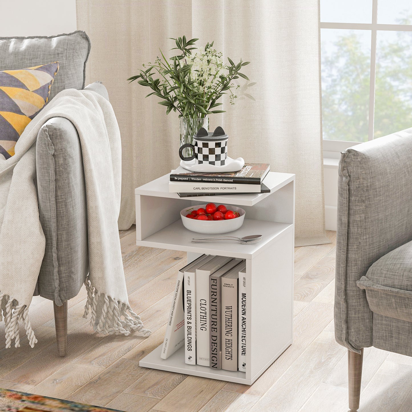 S-Shaped Side Table with 2 Open Compartments for Small Space Set of 2-White