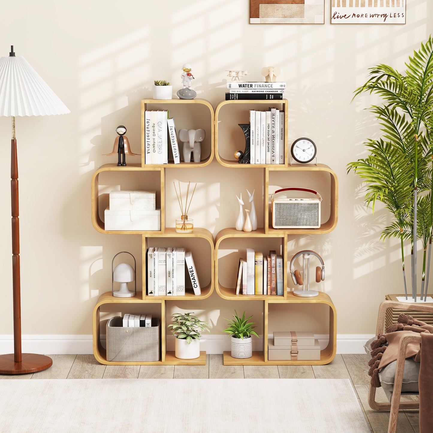 S-Shaped Bamboo Bookcase with 2 Open Cubes-Natural-4-Tier