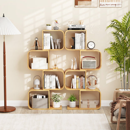 S-Shaped Bamboo Bookcase with 2 Open Cubes-Natural-4-Tier