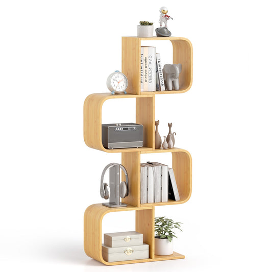 S-Shaped Bamboo Bookcase with 2 Open Cubes-Natural-4-Tier