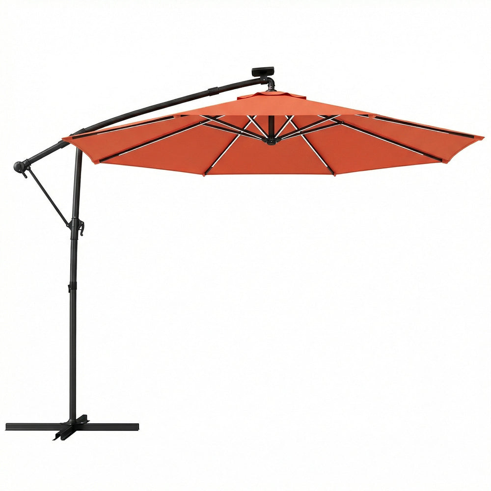 Outsunny 3 m Garden Cantilever Parasol with LED Solar Light, Round Overhanging Umbrella with 360 degrees Rotation, Cover, Orange