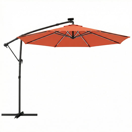 Outsunny 3 m Garden Cantilever Parasol with LED Solar Light, Round Overhanging Umbrella with 360 degrees Rotation, Cover, Orange