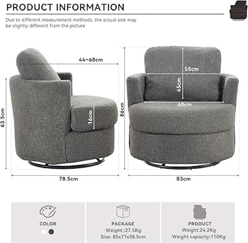 Teddy Recliner Armchair with Back Cushion, Thick Foam Pad, Upholstered, Adjustable Manual Swivel Base with Comfortable Footrest, 78.5x83x86 cm, Medium Grey