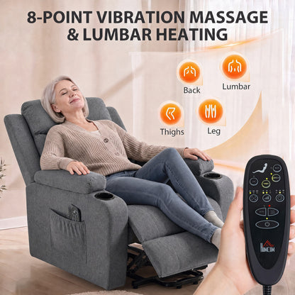 HOMCOM Riser Recliner Chair with Massage and Heat, Linen Electric Lift Armchair for Elderly with Spring Cushion, Dark Grey