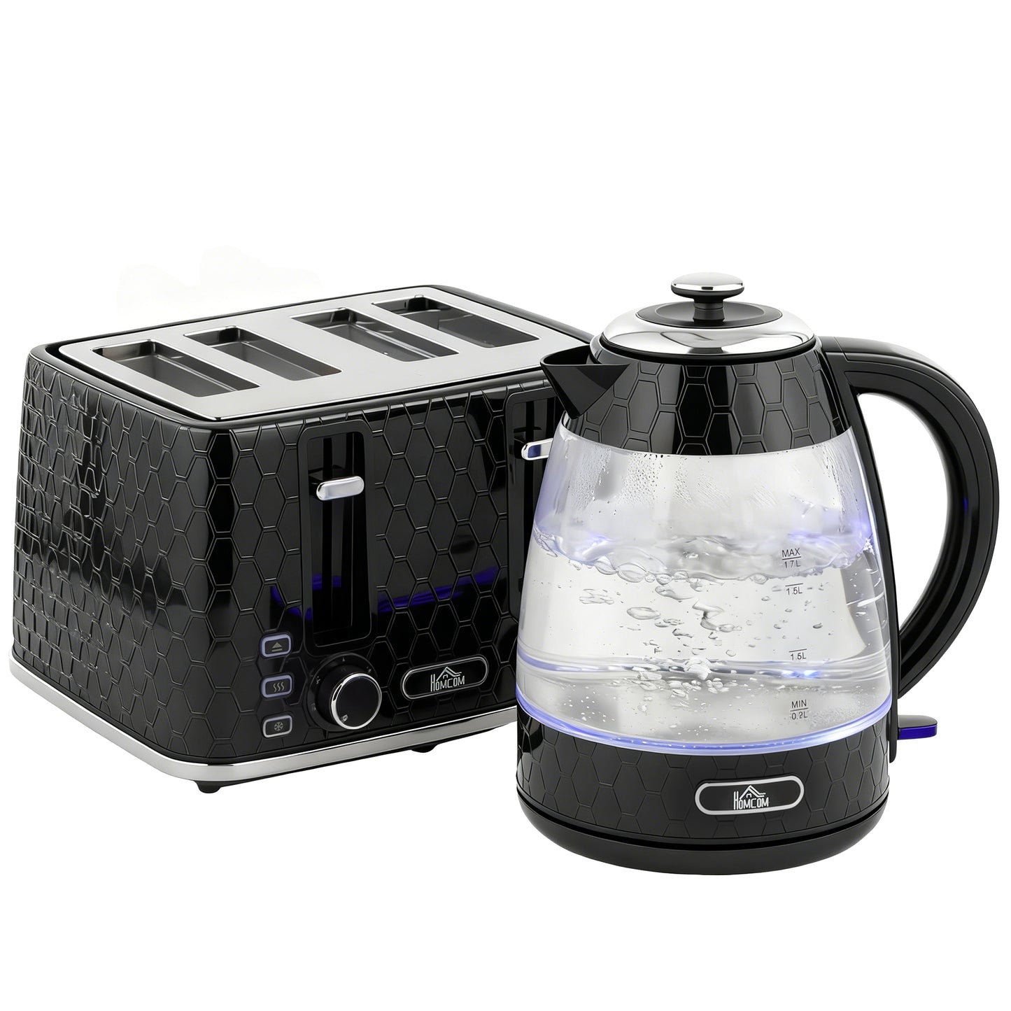 HOMCOM Kettle and Toaster Set, 1.7L 3000W Rapid Kettle with Strix Thermostat, 4 Slice Toaster with 7 Browning Controls, Black