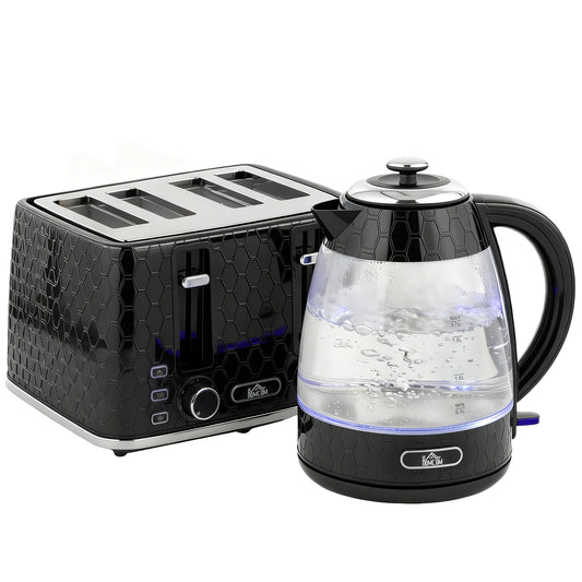 HOMCOM Kettle and Toaster Set, 1.7L 3000W Rapid Kettle with Strix Thermostat, 4 Slice Toaster with 7 Browning Controls, Black