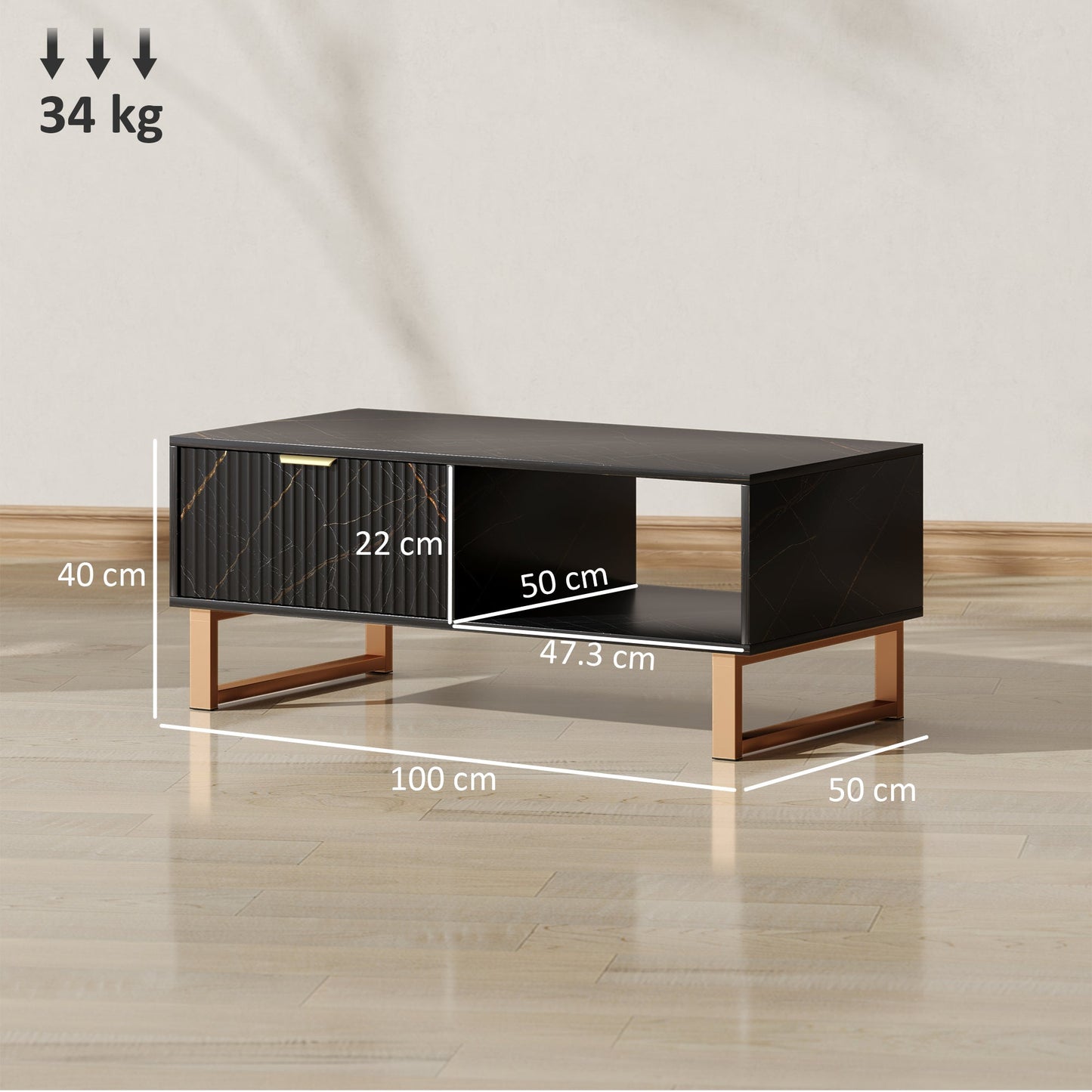 HOMCOM Elegant Marble Effect Storage Coffee Table - Black