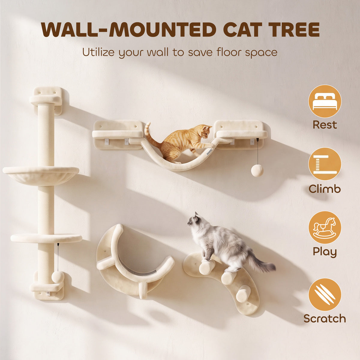 PawHut Four-Piece Cat Wall Furniture, with Hammock, Ladder, Platforms, Steps, for Indoor Use - Beige