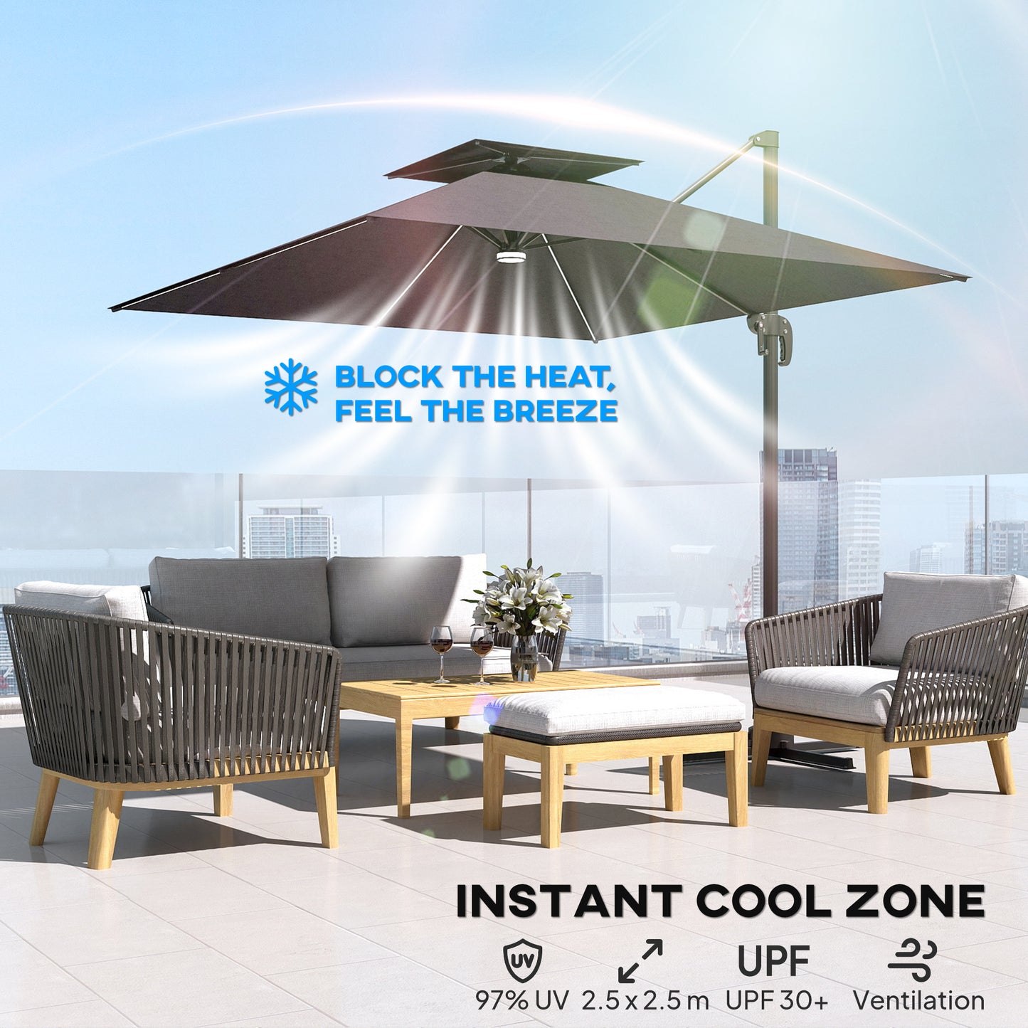 Outsunny 2.5m Cantilever Parasol with Solar Powered LED Lights, 360¡ Rotation, Tilt Adjustment, Crank Handle, Dark Grey