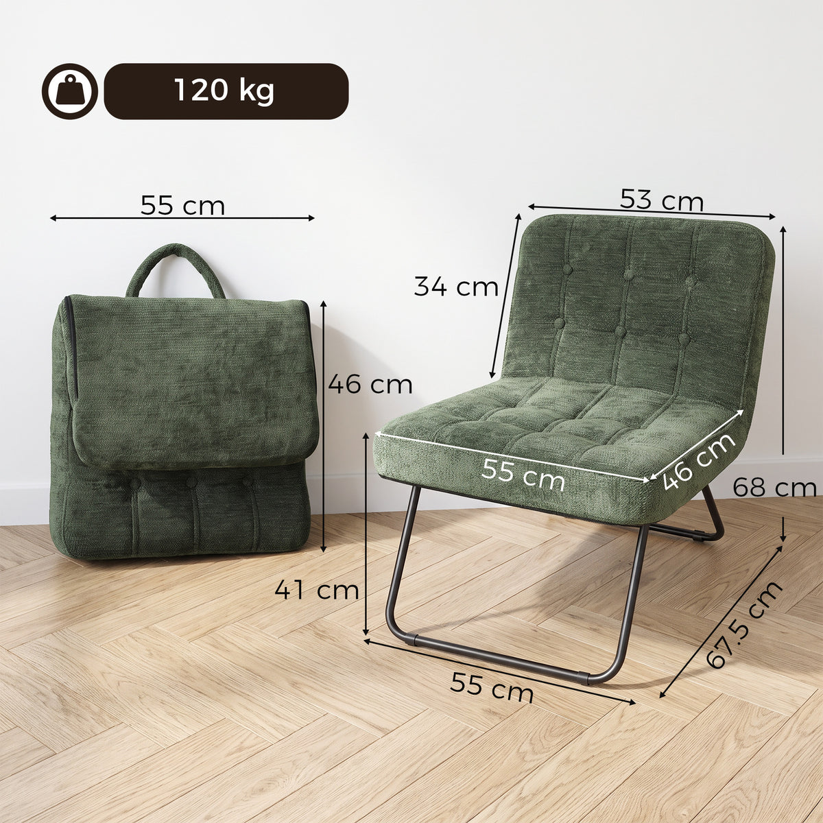 HOMCOM Modern Accent Chair, Foldable Chenille Upholstered Lounge Chair with Backrest, Wide Seat, Light Green