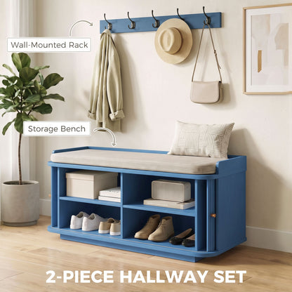 HOMCOM Hallway Storage Unit, Hallway Furniture Set with Shoe Storage Cabinet and 5 Hooks Coat Rack, Blue