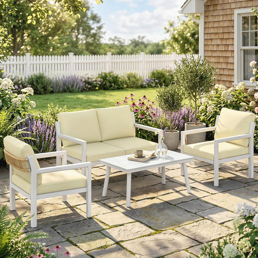 Outsunny 4 Seater Rattan Garden Furniture Set with 2 Armchairs, Loveseat, Coffee Table, Garden Sofa Set with Cushions, Brown