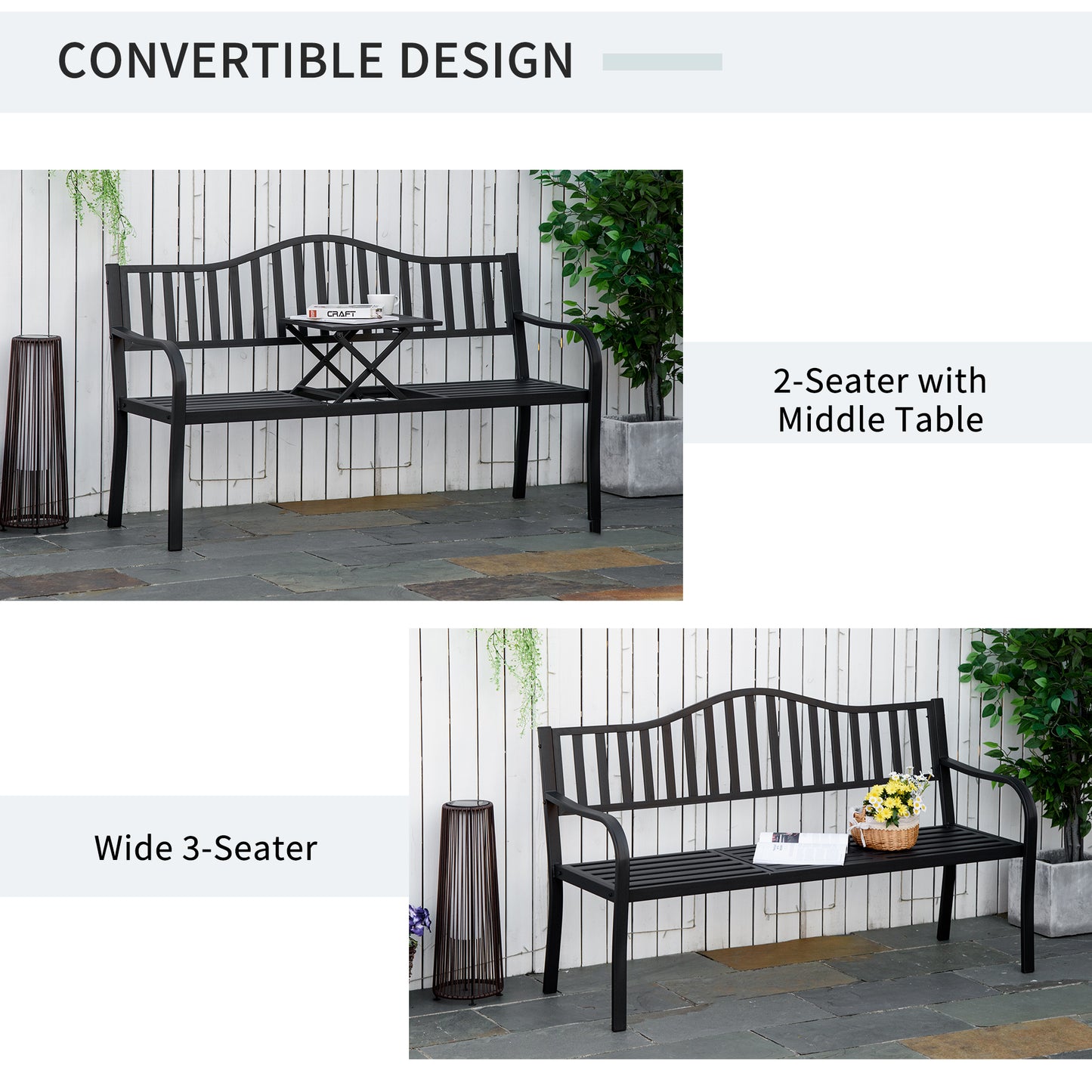 Outsunny Metal Outdoor Bench with Liftable Middle Table, Patio Loveseat, Garden Bench for Garden, Porch, Seats 2â3 People, Black