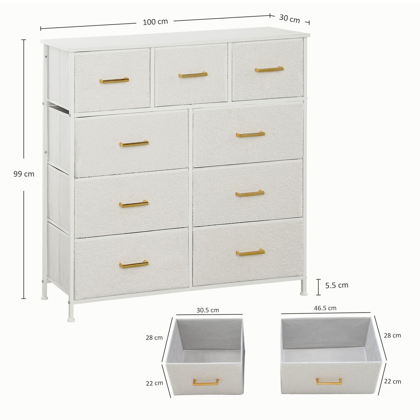 HOMCOM Chest of Drawers with 9 Fabric Drawers, Boucle Storage Organiser with Steel Frame, Fabric Dresser for Bedroom, Living Room, Hallway, Cream White