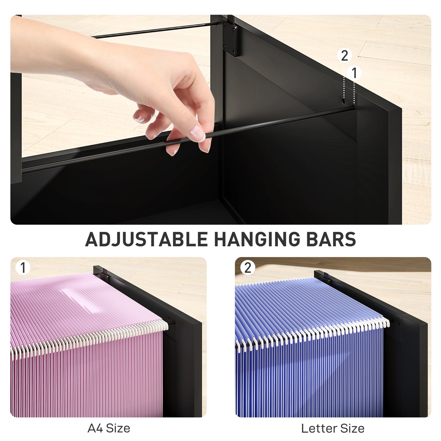 HOMCOM 3 Drawer Filing Cabinet with Lock, Office Storage Cabinet with Adjustable Hanging Bars for A4 Letter Size Files, Black