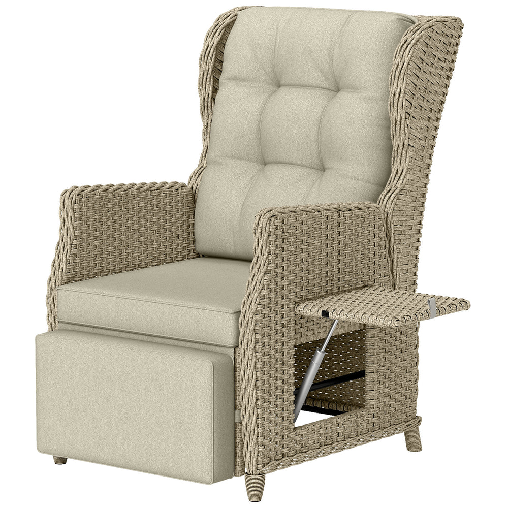 Outsunny Rattan Garden Recliner Chair, Reclining Garden Chair with Adjustable Back and Footrest, Flip Table, Cushion, Brown
