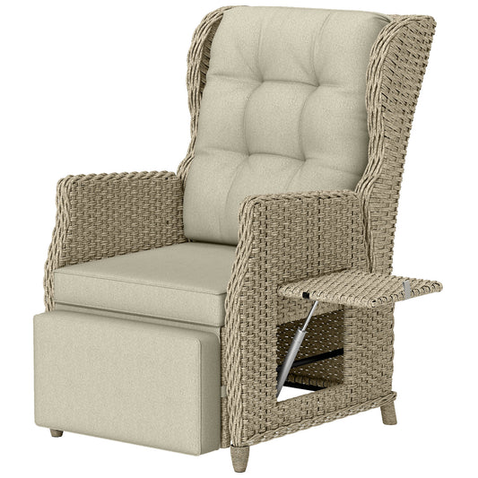 Outsunny Rattan Garden Recliner Chair, Reclining Garden Chair with Adjustable Back and Footrest, Flip Table, Cushion, Brown