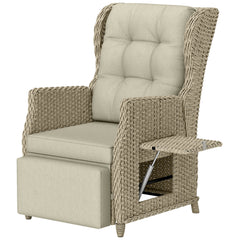 Outsunny Rattan Garden Recliner Chair, Reclining Garden Chair with Adjustable Back and Footrest, Flip Table, Cushion, Brown