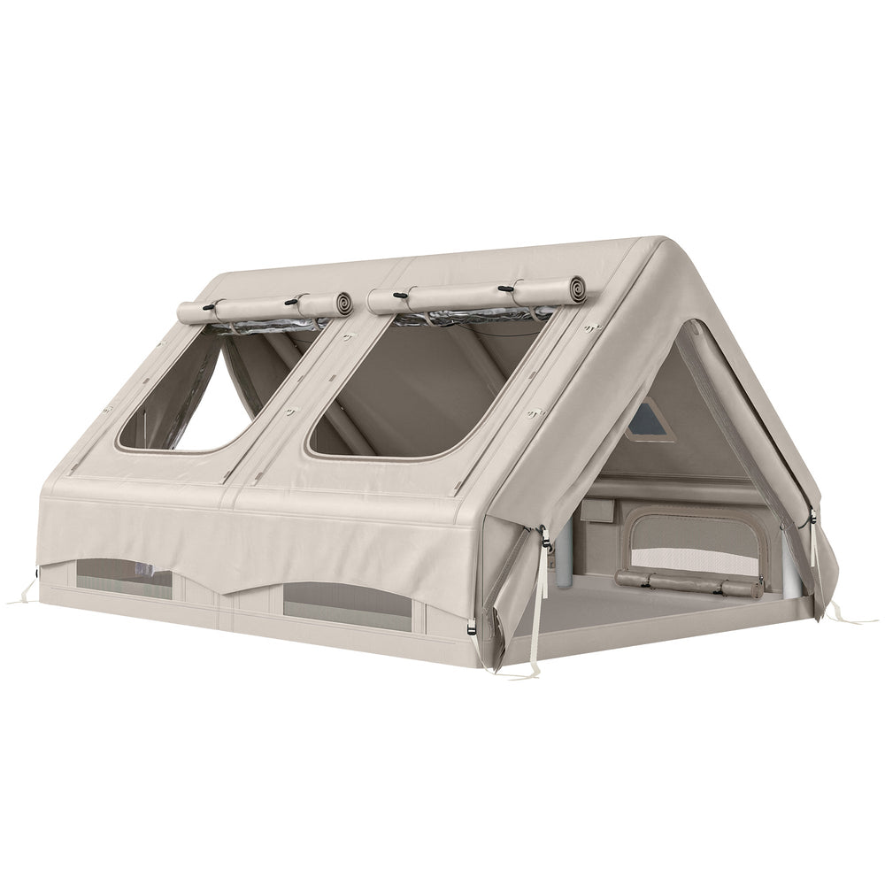Outsunny Inflatable Camping Tent, 4 Season Hot Tent 10000mm Waterproof with Chimney Opening, Sky Light and Air Pump, Khaki