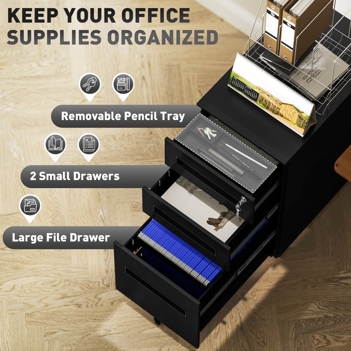 Vinsetto Three-Drawer Steel Filing Cabinet - Black