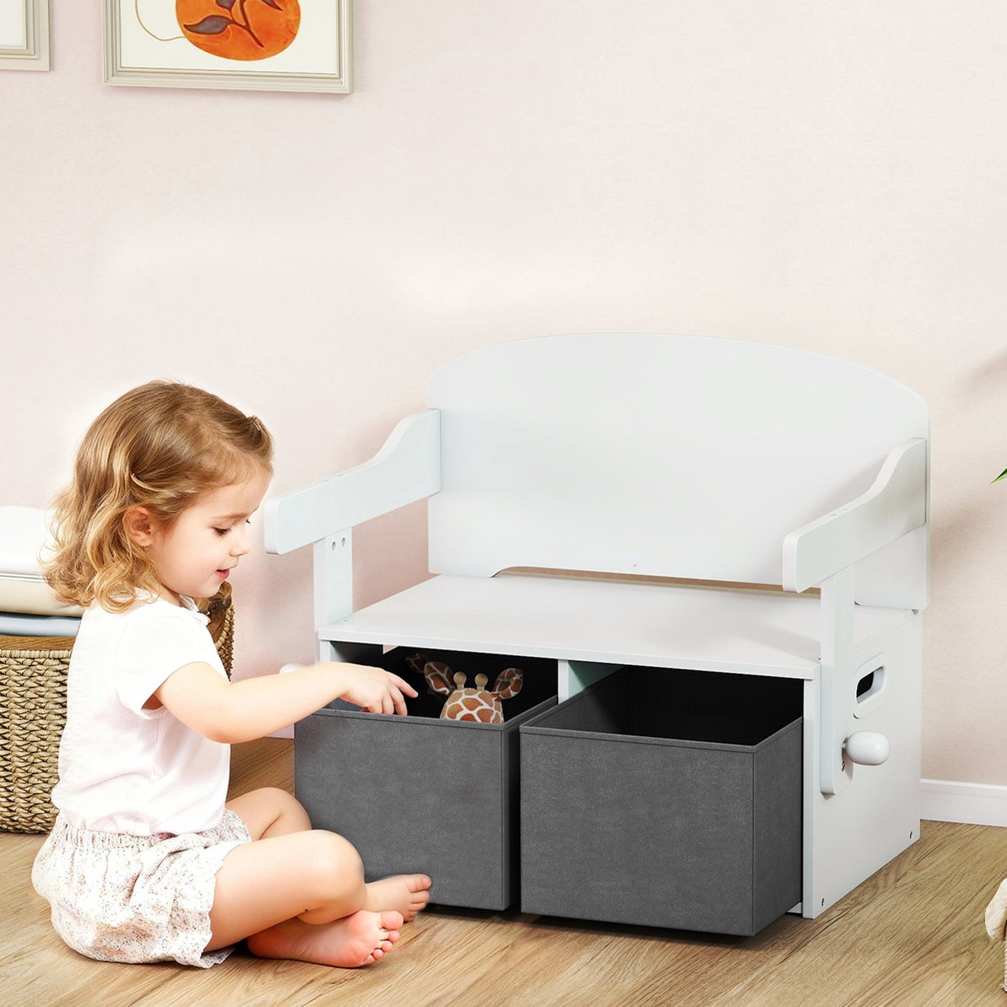AIYAPLAY 3 in 1 Kids Storage Bench, Convertible Children Table and Chair Set with 2 Fabric Bins, Toy Storage Box, White
