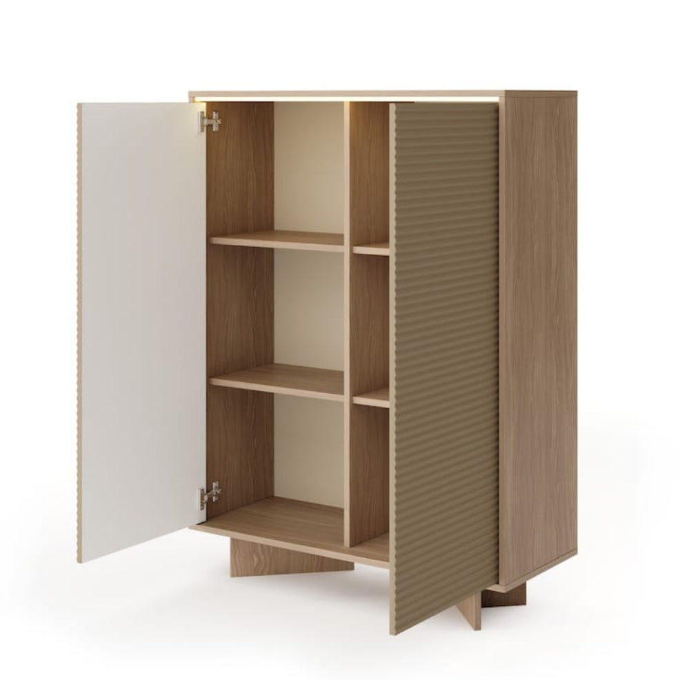 Wooden cabinet with open doors on a white background