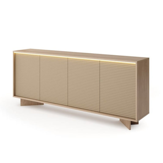 Modern wooden sideboard with LED lighting on a white background