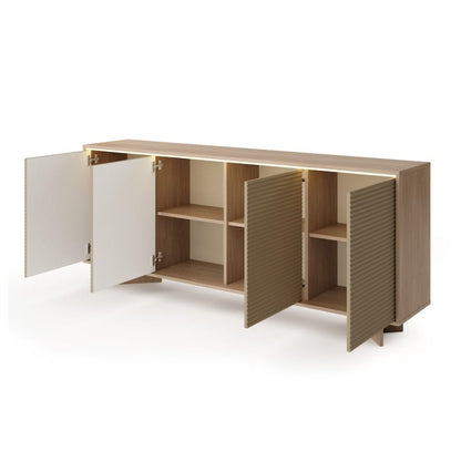Wooden cabinet with open doors on a white background