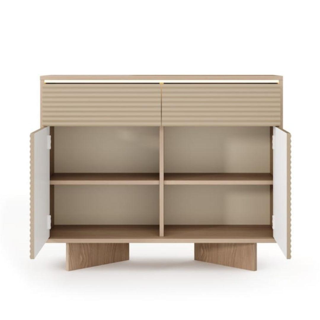 Beige and white cabinet with open doors on a white background