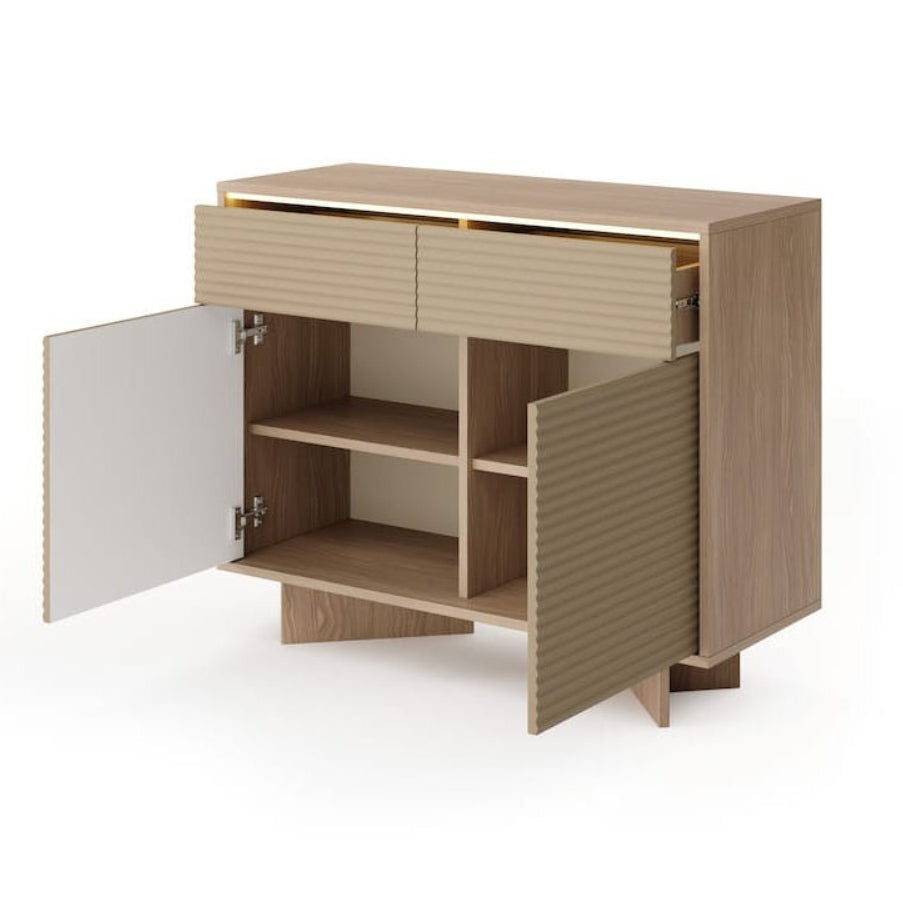 Wooden cabinet with open doors on a white background