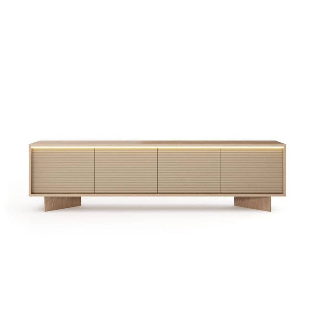 Wooden sideboard with horizontal slats on a white background