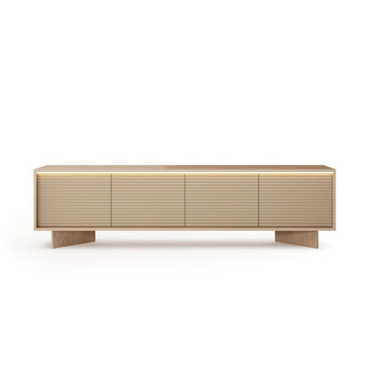 Wooden sideboard with horizontal slats on a white background